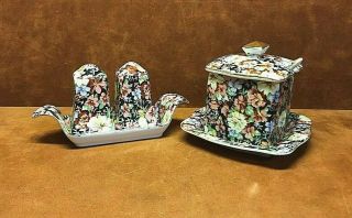 Vtg Royal Cotswolds Floral Chintz Florence Sugar Bowl & Spoon,  Salt/pepper Set