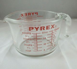 Vintage 4 Cup Measuring 532 Pyrex 32oz Liquid 1 Quart Clear Glass Red Lettering