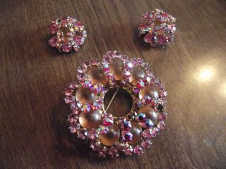 Gorgeous Vintage Signed " De Nicola " Pink Rhinestones Large Pin And Earrings Set