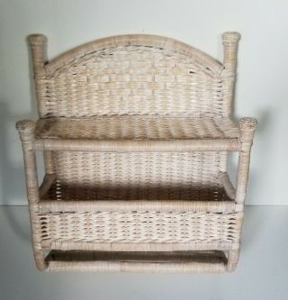 Vtg White Washed Wicker Rattan Shabby Chic Hanging 2 Tiered Wall Shelf Towelbar