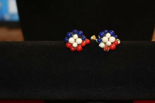 Vintage Earrings Estate Costume Jewelry Red White Blue Cluster Beads Screw Back
