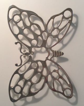 Vintage Silver - Plate Butterfly Trivet Hot Pad Wall Decor Rubber - Footed