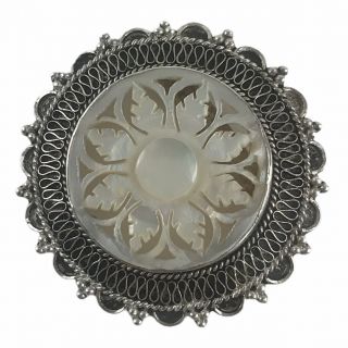Vintage Jerusalem Sterling Silver Filigree Mother Of Pearl Pin Brooch Pendant