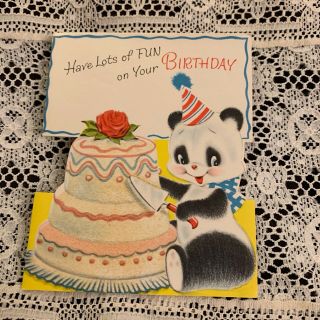 Vintage Greeting Card Birthday Cute Panda Bear Cake Norcross