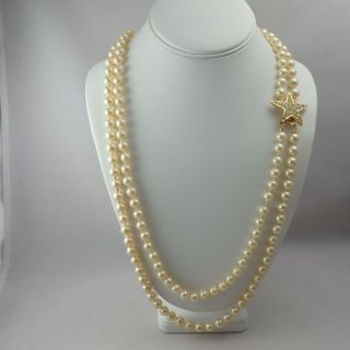 Vintage Joan Rivers Faux Pearl 2 Strand Pave Rhinestone Star Clasp 30 " Necklace
