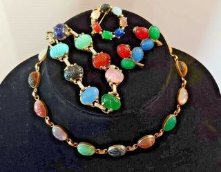 Unique Scarab Necklace Bracelet Pin And Earrings Set Gemstones Vintage