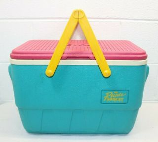 Vintage Igloo The Picnic Basket Cooler Teal Pink Yellow 18 X 13 X 11 Hinged Lid