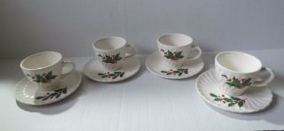 Vintage Ceramic Christmas Holly Berries Cups And Saucers Set Of 4 (g)