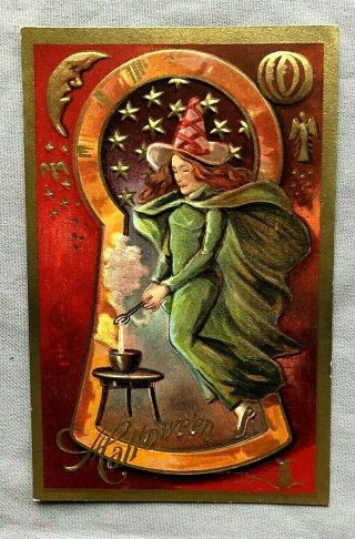 Vintage Halloween Embossed Postcard Antique Green Witch Key Hole Series No.  3
