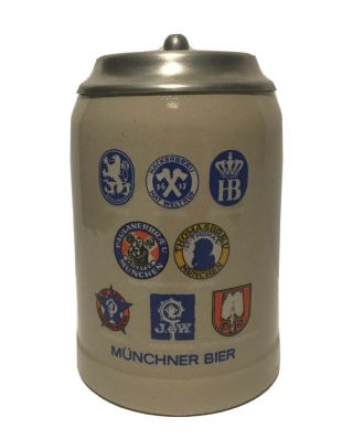 Vintage West German Beer Stein Munchner Bier With Pewter Lid Mug Munchen
