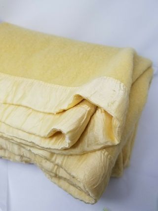 Vintage Kenwood Wool Products Yellow Blanket Satin Trim W/ Tag 78” X 65 "