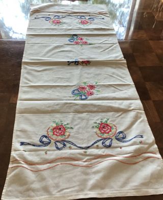 Vintage Embroidered Dresser Scarf Or Table Runner,  Colorful Posies