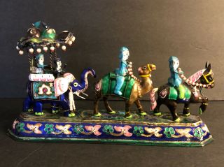 Vintage Cloisonne Horse Camel Elephant Figurines On Stand Painted Enamel Brass 2