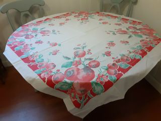 Vintage White Cotton Tablecloth With Red And Green Fruit Design 49 " Square