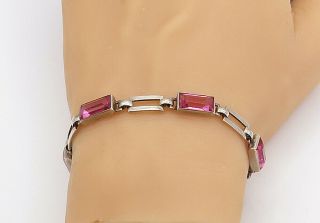 925 Sterling Silver - Vintage Pink Topaz Open Square Link Chain Bracelet - B8200
