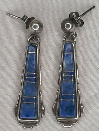 Vintage Calvin Begay Signed Sterling Silver & Blue Lapis Navajo Dangle Earrings