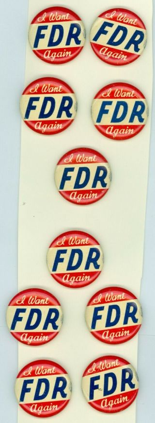 10 Vintage 1936 President Franklin Roosevelt Political Campaign Pinback Buttons