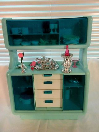 Vintage 1978 Mattel Barbie Dream House Blue Hutch Cabinet W/ Dishes,  More