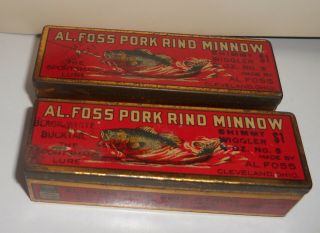 Two Vintage Al Foss Pork Rind Minnow Fishing Lures W/ Tin Boxes & Bonus Lure