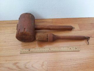 Vintage Wood Mallet Woodworking Hammer Carpenter Tools & Brush