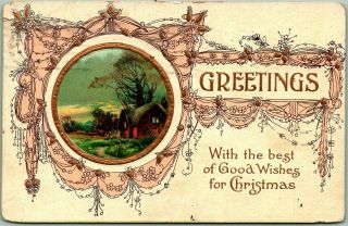 Vintage 1913 Christmas Greetings Embossed Postcard With The Best Of Good Wishes