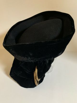 Vintage 1940s Halloween Black Velvet Hat W/ Brass Rings - Arabian Knight Pirate