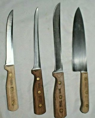 Set Of 4 Vintage Chicago Cutlery Knives 42s 66s 65s With Walnut Butcher Block