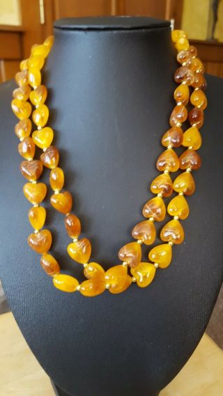Vintage Amber Colored Heart Shape Plastic Bead Necklace