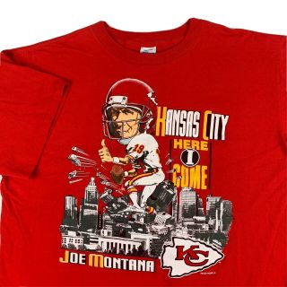 Vtg 90s Kansas City Chiefs Here I Come Joe Montana Big Head Cartoon T - Shirt Xl