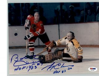 Bobby Hull & Gerry Cheevers Dual Signed " Hof " Insc.  8x10 Photo Psa Lst572