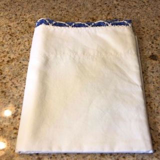 Vintage White Cotton Pillowcase With Blue & White Crocheted Trim