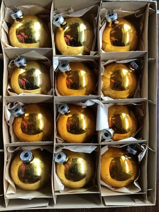 Vintage Box Of 12 Glass Christmas Ornaments Gold With Usa Tops