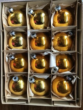 Vintage Box Of 12 Glass Christmas Ornaments Gold With USA Tops 2