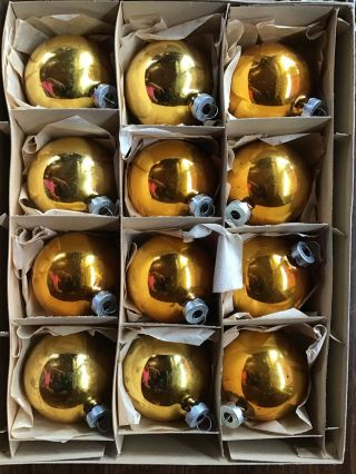 Vintage Box Of 12 Glass Christmas Ornaments Gold With USA Tops 3