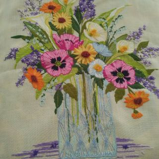 24 X 27 Vintage Finished Unframed Floral Crewel Embroidery Stitchery