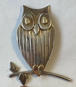 Vintage Leonore Doskow Sterling Silver Owl Brooch Pin 14k Yellow Gold Eyes Heart