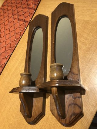 2 Vintage Wall Sconces Dark Wood.  With Mirror.  Wooden Candle Holders