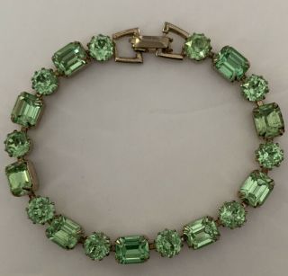Vintage Signed Weiss Green Rhinestone Gold Toned Tennis Bracelet