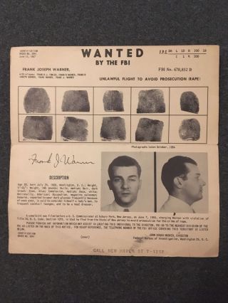 Vintage Wanted By The Fbi Crime Poster - 1957 - Frank Joseph Warner