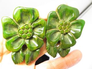 Vintage Hand Carved Green Bakelite Swirl Lg Wild Rose Floral Dress Clips