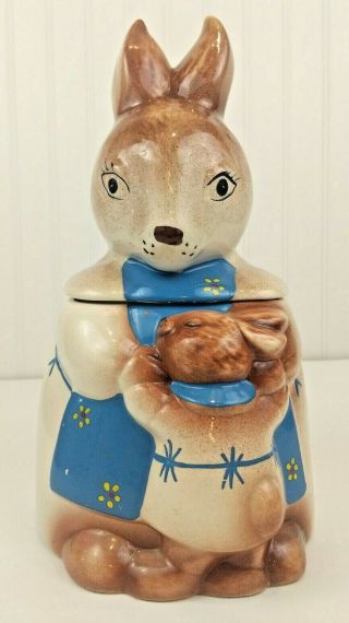 Vintage 30s 40s Mama Bunny Rabbit And Baby Cookie Jar Handpainted Ceramic Mother