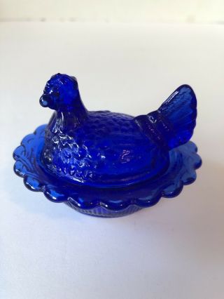 Vintage Hen On Nest Salt Cellar Mini Cobalt Blue Mosser Glass