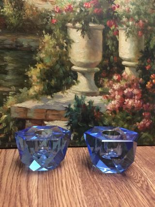 Set Of 2 Vintage Murano Style Art Glass Faceted Candle Holder Cobalt Blue Exc
