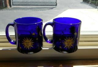 2 Vintage Libbey Cobalt Blue Glass Sun Moon Stars Celestial Coffee Mug Cups Usa