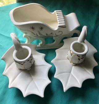 Vtg - Holland Mold Christmas Ceramic Santa Claus Sleigh Sled And 2 Candle Holders