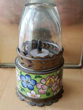 Antique/vintage Porcelain Brass/copper & Glass Opium Lamp.  Hand - Painted? Inlay??