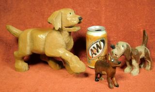 3 Vintage Folk Art Hand Carved Painted Wood Dogs Golden Retriever Coon Hound 60s