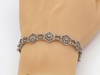 925 Sterling Silver - Vintage Floral Filigree Hexagon Link Chain Bracelet - B8001