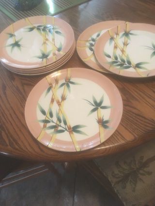 Vintage Set Of 8 Weil Ware Large Dinner Plates Bamboo Design