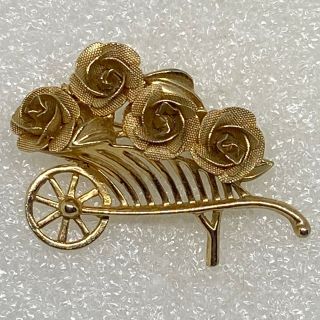 Signed Brooks Vintage Flower Cart Brooch Pin Gold Tone Roses Costume Jewelry